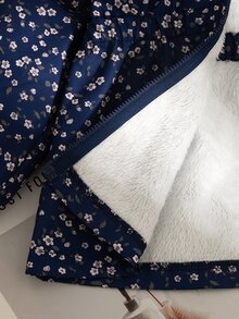 SHEIN 女童 2025 冬季新款復古卡其色花卉保暖內裡拉鍊連帽外套，彈性腰圍，加厚保暖，適合戶外、秋冬穿著 - 藏蓝色 - 查看 6