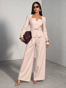 SOLERSUN Sexy Elegant Commuter Business Office Wear 2 Pieces Set Waist-Cinching Casual Workplace Outfit For Women Pink And White Striped And And Fall - Apricot - View 4