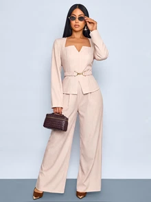 SOLERSUN Sexy Elegant Commuter Business Office Wear 2 Pieces Set Waist-Cinching Casual Workplace Outfit For Women Pink And White Striped And And Fall - Apricot - View 5