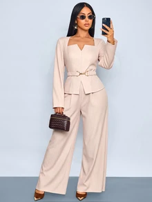 SOLERSUN Sexy Elegant Commuter Business Office Wear 2 Pieces Set Waist-Cinching Casual Workplace Outfit For Women Pink And White Striped And And Fall - Apricot - View 9