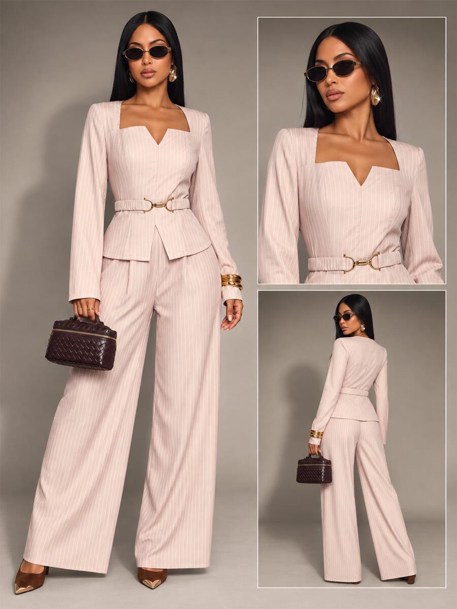 SOLERSUN Sexy Elegant Commuter Business Office Wear 2 Pieces Set Waist-Cinching Casual Workplace Outfit For Women Pink And White Striped And And Fall