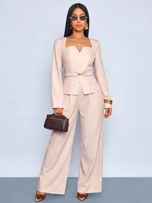 SOLERSUN Sexy Elegant Commuter Business Office Wear 2 Pieces Set Waist-Cinching Casual Workplace Outfit For Women Pink And White Striped And And Fall - Apricot - View 7