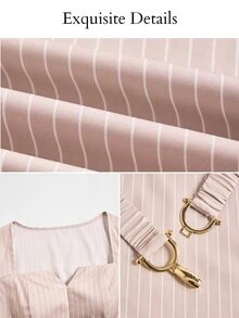 SOLERSUN Sexy Elegant Commuter Business Office Wear 2 Pieces Set Waist-Cinching Casual Workplace Outfit For Women Pink And White Striped And And Fall - Apricot - View 11