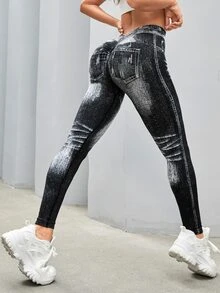 SHEIN Sports 女款牛仔印花运动紧身裤瑜伽裤 - 黑色 - 查看 4
