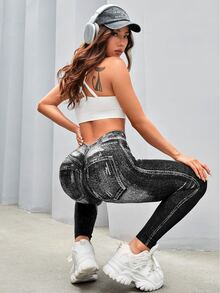 SHEIN Sports 女款牛仔印花运动紧身裤瑜伽裤 - 黑色 - 查看 6