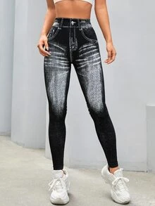 SHEIN Sports 女款牛仔印花运动紧身裤瑜伽裤 - 黑色 - 查看 5