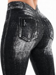 SHEIN Sports 女款牛仔印花运动紧身裤瑜伽裤 - 黑色 - 查看 2