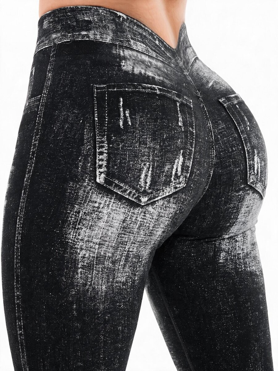 SHEIN Sports 女款牛仔印花运动紧身裤瑜伽裤
