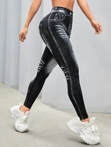 SHEIN Sports 女款牛仔印花运动紧身裤瑜伽裤 - 黑色 - 查看 9