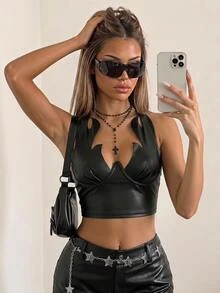 SHEIN ICON Women's Sexy Design PU Material Cropped Camisole Top - Black - View 1