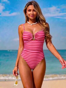 SHEIN Swim Women's New Striped U-Neck One-Piece Swimsuit - Hot Pink - View 2