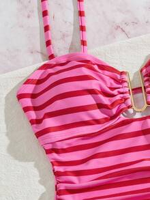 SHEIN Swim Women's New Striped U-Neck One-Piece Swimsuit - Hot Pink - View 8