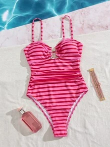 SHEIN Swim Women's New Striped U-Neck One-Piece Swimsuit - Hot Pink - View 6
