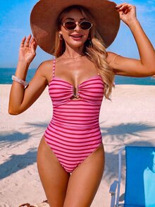 SHEIN Swim Women's New Striped U-Neck One-Piece Swimsuit - Hot Pink - View 1
