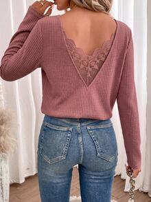SHEIN Frenchy 蕾絲拼接長袖華夫格面料T恤 - 藕粉色 - 查看 3