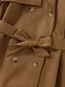 Tween Girl Fall Winter Double Breasted Lapel Belted Mid Long Trench Coat Classic Brown Jacket - Brown - View 7