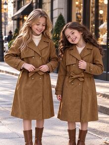 Tween Girl Fall Winter Double Breasted Lapel Belted Mid Long Trench Coat Classic Brown Jacket - Brown - View 4