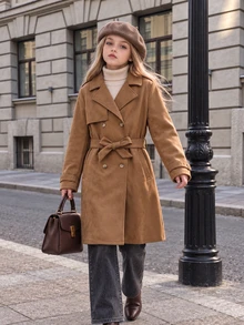 Tween Girl Fall Winter Double Breasted Lapel Belted Mid Long Trench Coat Classic Brown Jacket - Brown - View 1