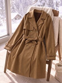 Tween Girl Fall Winter Double Breasted Lapel Belted Mid Long Trench Coat Classic Brown Jacket - Brown - View 3