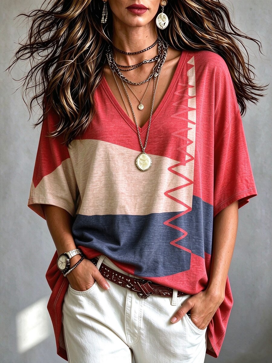 Glimmora Kaos Motif Patchwork Zigzag Geometris Vintage, Desain Leher V, Pakaian Wanita, Ukuran Besar dan Longgar - MultiWarna - View 1
