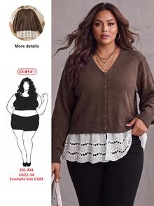 SHEIN CURVE+ Plus Size Women's Colorblock Casual Daily Cardigan - Brown - View 1