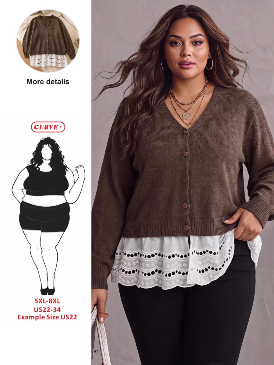 SHEIN CURVE+ Plus Size Women's Colorblock Casual Daily Cardigan - Brown - View 1