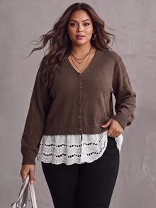 SHEIN CURVE+ Plus Size Women's Colorblock Casual Daily Cardigan - Brown - View 4