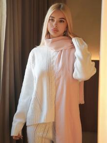 SHEIN ICON Women's Casual Daily Simple Solid Color Drop Shoulder Loose Cable Knit Sweater And Sweater Pants 2 Pieces Set, Autumn/Winter - White - View 5