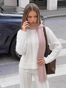 SHEIN ICON Women's Casual Daily Simple Solid Color Drop Shoulder Loose Cable Knit Sweater And Sweater Pants 2 Pieces Set, Autumn/Winter - White - View 1