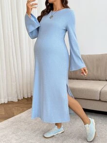 SHEIN Maternity Solid Color Round Neck Bell Sleeve Side Slit Casual Dress Fall - Blue - View 5