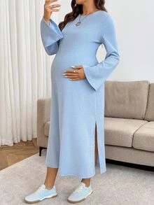 SHEIN Maternity Solid Color Round Neck Bell Sleeve Side Slit Casual Dress Fall - Blue - View 2