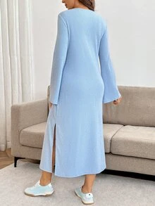 SHEIN Maternity Solid Color Round Neck Bell Sleeve Side Slit Casual Dress Fall - Blue - View 3