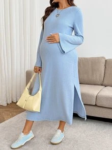 SHEIN Maternity Solid Color Round Neck Bell Sleeve Side Slit Casual Dress Fall - Blue - View 8