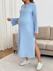SHEIN Maternity Solid Color Round Neck Bell Sleeve Side Slit Casual Dress Fall - Blue - View 4