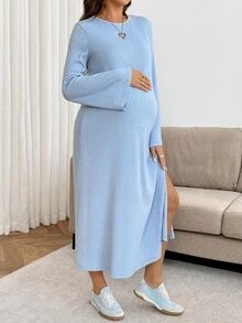 SHEIN Maternity Solid Color Round Neck Bell Sleeve Side Slit Casual Dress Fall - Blue - View 7