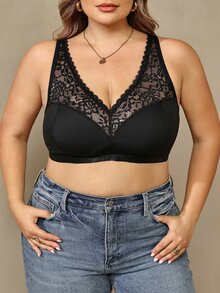 SHEIN CURVE+ 大尺碼女款純色對比蕾絲短版時尚背心 - 黑色 - 查看 7