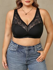 SHEIN CURVE+ 大尺碼女款純色對比蕾絲短版時尚背心 - 黑色 - 查看 8