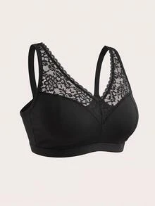 SHEIN CURVE+ 大尺碼女款純色對比蕾絲短版時尚背心 - 黑色 - 查看 1