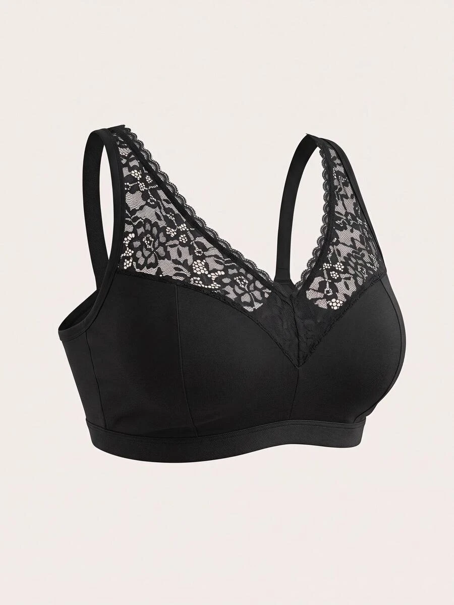 SHEIN CURVE+ 大尺碼女款純色對比蕾絲短版時尚背心 - 黑色 - 查看 1