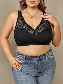 SHEIN CURVE+ 大尺碼女款純色對比蕾絲短版時尚背心 - 黑色 - 查看 5