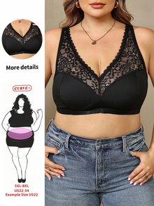 SHEIN CURVE+ 大尺碼女款純色對比蕾絲短版時尚背心 - 黑色 - 查看 4