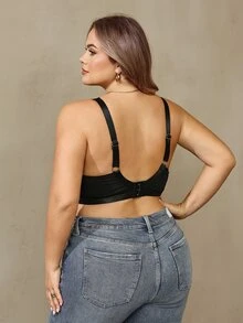 SHEIN CURVE+ 大尺碼女款純色對比蕾絲短版時尚背心 - 黑色 - 查看 2