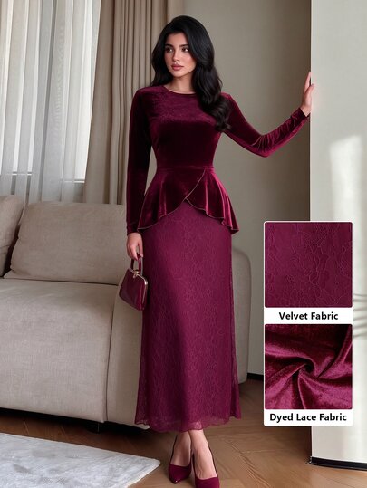 Modelyn Women's Burgundy Knitted Long Sleeve Cinched Waist Asymmetrical Hem A-Line Romantic Elegant Commute Party Midi Dress