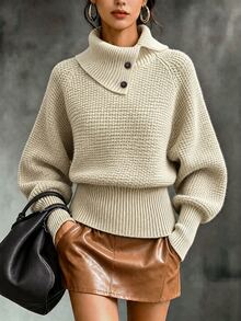 SHEIN 女款優雅秋冬翻領套頭毛衣，小眾鈕扣裝飾，落肩袖，收腰設計，寬鬆針織開襟衫 - 卡其色 - 查看 1