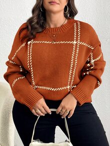 Elenzga Plus Size Casual Colorblock Plaid Knit Sweater, Autumn/Winter Fall - Orange - View 10