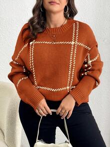 Elenzga Plus Size Casual Colorblock Plaid Knit Sweater, Autumn/Winter Fall - Orange - View 2