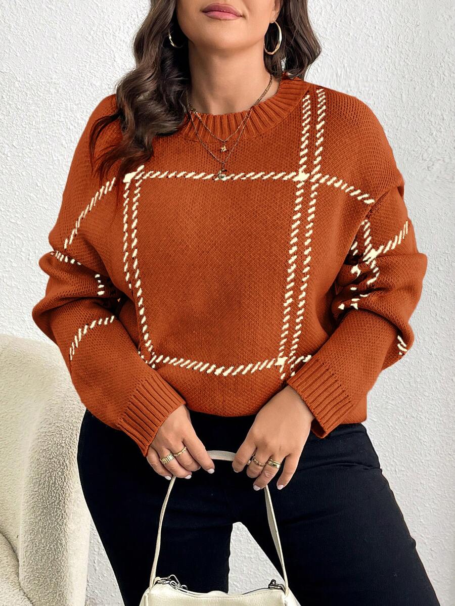 Elenzga Plus Size Casual Colorblock Plaid Knit Sweater, Autumn/Winter Fall