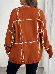 Elenzga Plus Size Casual Colorblock Plaid Knit Sweater, Autumn/Winter Fall - Orange - View 3