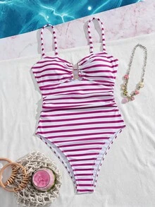 SHEIN Swim Women's New Striped U-Neck One-Piece Swimsuit - Hot Pink - View 6