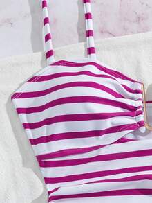 SHEIN Swim Women's New Striped U-Neck One-Piece Swimsuit - Hot Pink - View 8